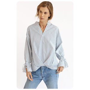 Striped Tie-Sleeve V-Neck Blouse - Blue/White